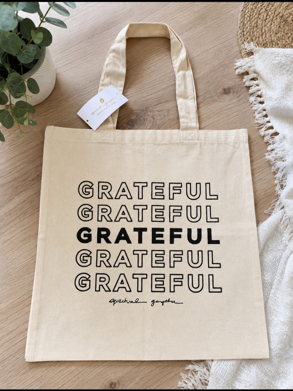 Spiritual Gangster ~ Grateful Canvas Tote Bag in Natural with Black Print NWT